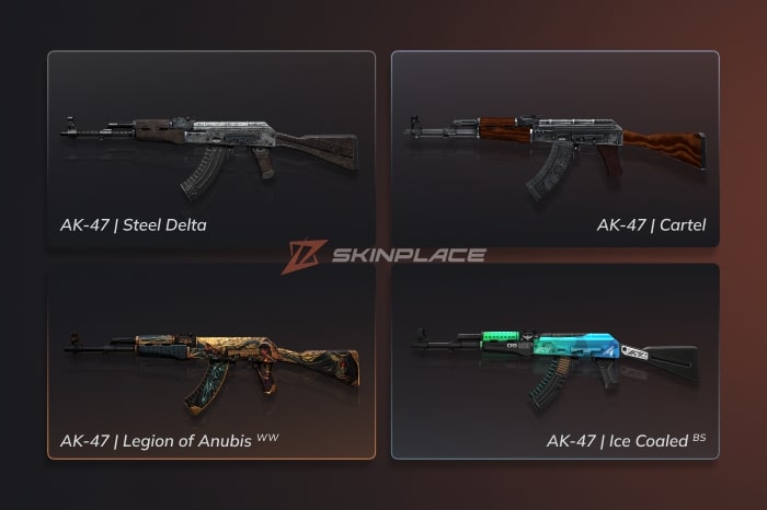Cheapest AK-47 Skins in CS2 including the AK-47 Steel Delta, AK-47 Cartel, AK-47 Legion of Anubis (Well-Worn), and AK-47 Ice Coaled (Battle-Scarred) displayed on a dark background, featured by SkinPlace as budget-friendly AK-47 skin options