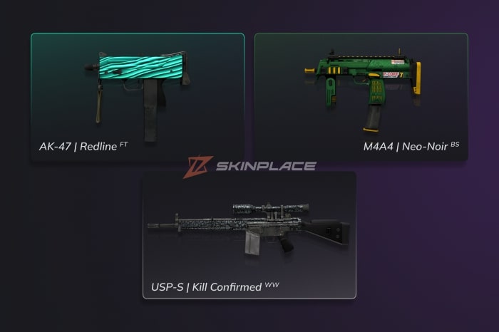 Cheapest Purple Rarity Skins in CS2 showcased on a dark gradient background, featuring a selection of affordable classified-tier weapon skins highlighted by SkinPlace as budget-friendly purple rarity options.