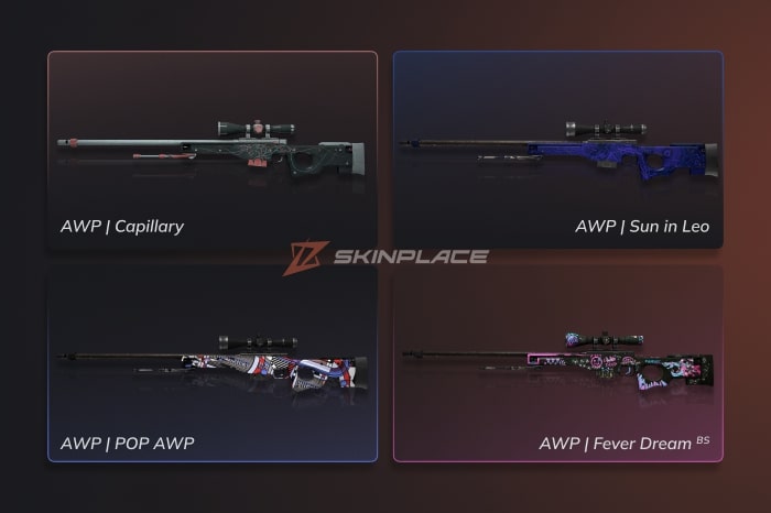 Cheapest AWP Skins in CS2 displayed on a dark gradient background, featuring AWP Capillary, AWP Sun in Leo, AWP POP AWP, and AWP Fever Dream (Battle-Scarred), highlighted by SkinPlace as affordable AWP skin options