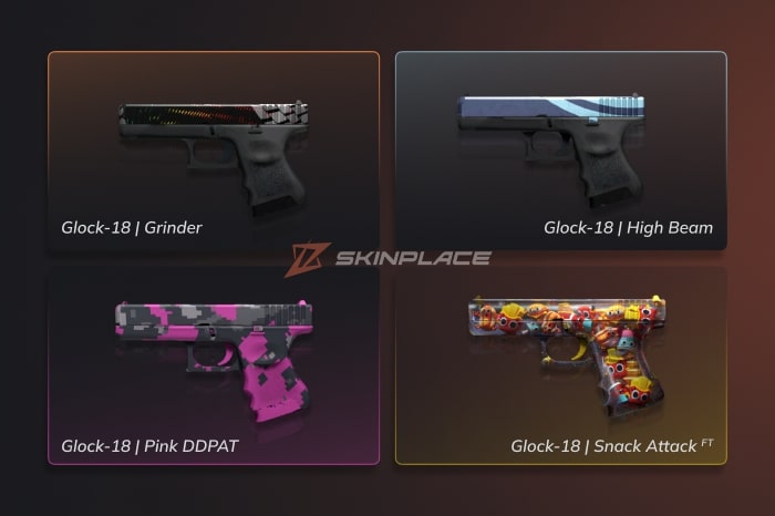 Cheapest Glock-18 Skins in CS2 shown on a dark background, featuring Glock-18 Grinder, Glock-18 High Beam, Glock-18 Pink DDPAT, and Glock-18 Snack Attack (Field-Tested), highlighted by SkinPlace as affordable Glock-18 skin options.