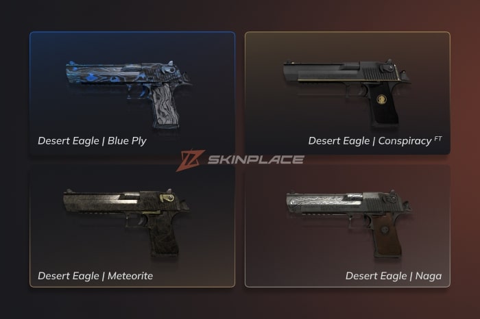 "Cheapest Desert Eagle Skins in CS2 shown on a dark gradient background, featuring Desert Eagle Blue Ply, Desert Eagle Conspiracy (Field-Tested), Desert Eagle Meteorite, and Desert Eagle Naga, highlighted by SkinPlace as affordable Deagle skin options.