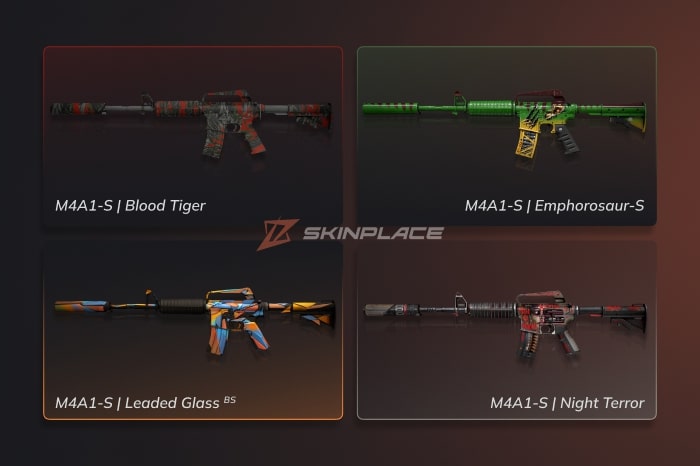 Cheapest M4A1-S Skins in CS2 displayed on a dark gradient background, featuring M4A1-S Blood Tiger, M4A1-S Emphorosaurl-S, M4A1-S Leaded Glass (Battle-Scarred), and M4A1-S Night Terror, highlighted by SkinPlace as affordable M4A1-S skin choices