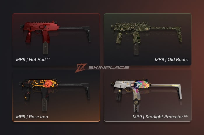 Cheapest MP9 Skins in CS2 shown on a dark gradient background, featuring MP9 Hot Rod (Field-Tested), MP9 Old Roots, MP9 Rose Iron, and MP9 Starlight Protector (Battle-Scarred), highlighted by SkinPlace as affordable MP9 skin options
