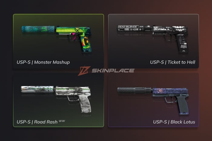 Cheapest USP-S Skins in CS2 displayed on a dark gradient background, featuring USP-S Monster Mashup, USP-S Ticket to Hell, USP-S Road Rash (Well-Worn), and USP-S Black Lotus, highlighted by SkinPlace as affordable USP-S skin options.
