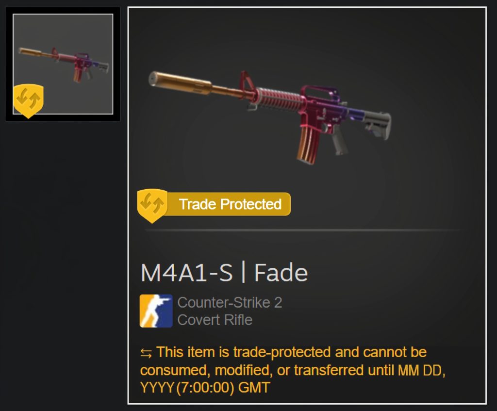 Steam item trade-protected M4A1-S Fade skin showing trade hold notice in Counter-Strike 2.