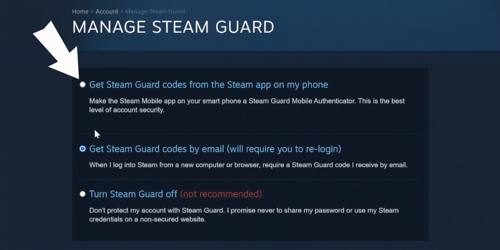Steam settings page showing Manage Steam Guard options on desktop.