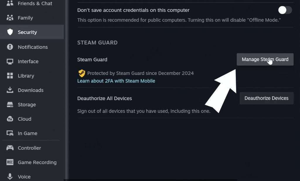 Steam desktop security menu with Steam Guard protection and manage options.