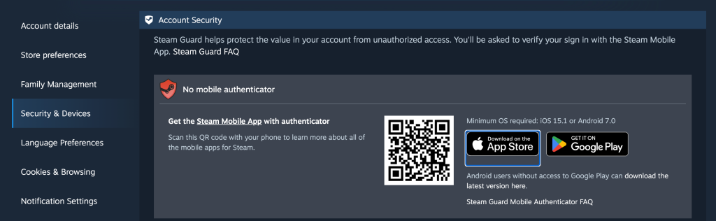 Steam desktop security page displaying QR code to download the Steam Mobile App.