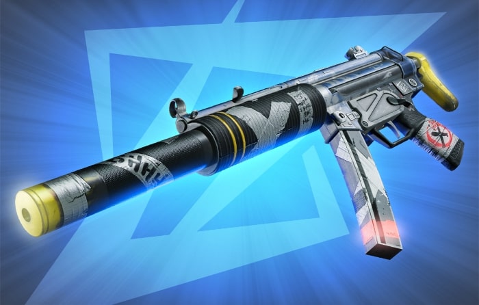 Detailed MP5-SD skin in CS2 with black, grey, and yellow details used in MP5 vs MP7 SMG comparison.