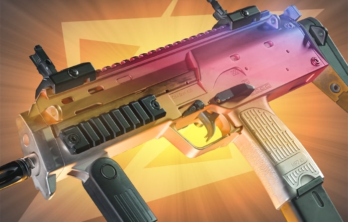 The image shows a close-up of an MP7 in CS2, featuring a vibrant gradient skin that shifts from pink to yellow across the weapon’s body. The details of the MP7’s compact frame, rails, and grip are clearly visible, highlighting its modern design and lightweight build. This visual showcases how the CS2 MP7 looks in-game and is ideal for players comparing mp5 vs mp7 performance or exploring differences in mp7 vs mp5 loadouts and skins.
