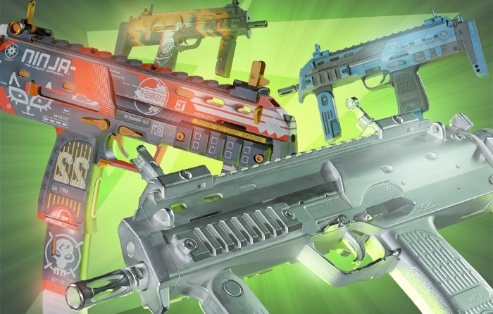 The image shows several different MP7 skins in CS2, displayed against a bright green background. The MP7 in the foreground appears in a clean, metallic finish, while the others feature colorful designs, including a blue pattern and a detailed “Ninja”-themed skin with vibrant decals. The image highlights the variety of customization options available for the CS2 MP7, making it useful for players comparing mp5 vs mp7 or exploring weapon choices in a mp7 vs mp5 guide.