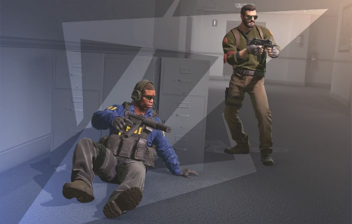 The image shows an in-game CS2 scene where a CT operator is sitting on the floor, aiming an MP5-SD in CS2, while a T-side character approaches holding an MP7 in CS2. The two players face each other in a narrow office hallway, highlighting a direct mp5 vs mp7 encounter. The scene visually represents how the CS2 MP5 and CS2 MP7 look during gameplay, making it useful for comparing both SMGs in a mp7 vs mp5 guide.