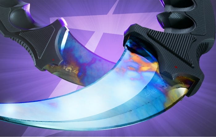 Karambit | Case Hardened (Blue Gem) — the most expensive CS2 (CS:GO) knife, valued at over $1.5 million, featuring the rare full-blue blade pattern.