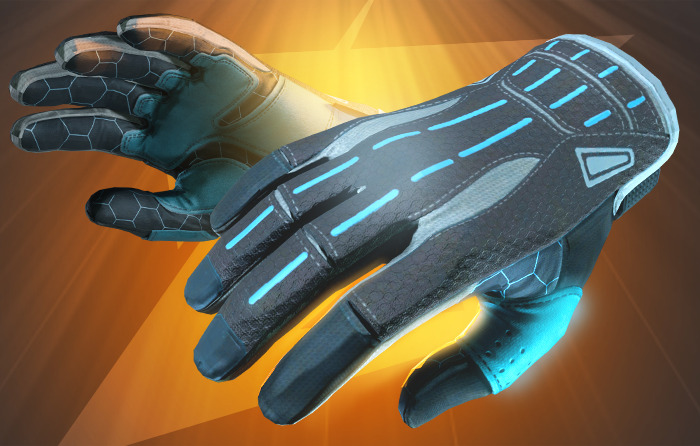 Sport Gloves | Superconductor showcased in a close-up image with blue and black detailing, representing some of the most expensive gloves Counter Strike offers.