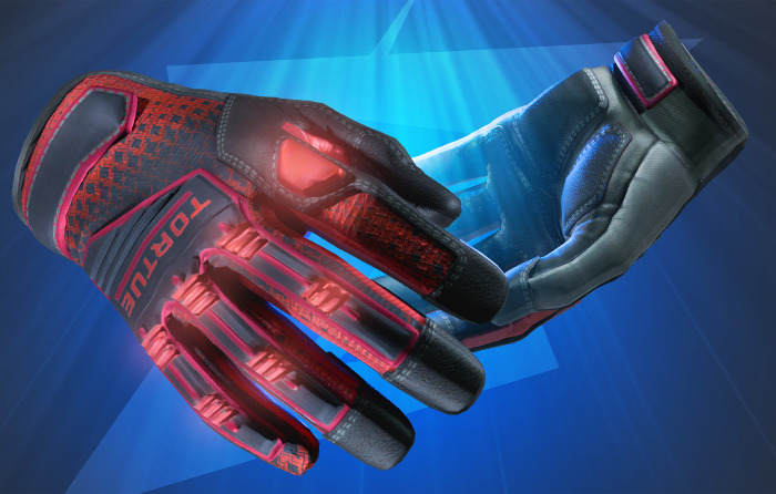 Specialist Gloves | Crimson Kimono showcased in a high-detail close-up, featuring red geometric patterns and dark accents against a glowing blue background, highlighting their premium CS2 glove design.