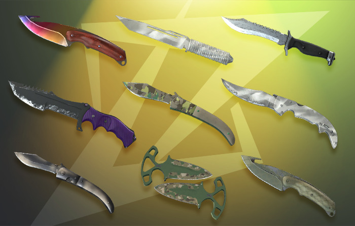 Affordable CS2 (CS:GO) Knife selection categorized by budget tiers: Best Knives Under $250 featuring Bowie Knife Damascus Steel (FT), Paracord Knife Urban Masked (MW), and Gut Knife Fade (BS); Best Cheap Knives Under $150 including Huntsman Knife Ultraviolet (BS), Falchion Knife Urban Masked (FT), and Navaja Knife Boreal Forest (MW); and Entry-Level CS2 Knives Under $60 such as Navaja Knife Scorched (BS), Gut Knife Safari Mesh (WW), and Shadow Daggers Forest DDPAT (BS).