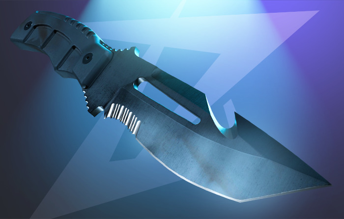 Survival Knife | Night Stripe displayed in a cool blue spotlight, highlighted as one of the least expensive knife in (CS:GO) CS2 options for budget-minded players.