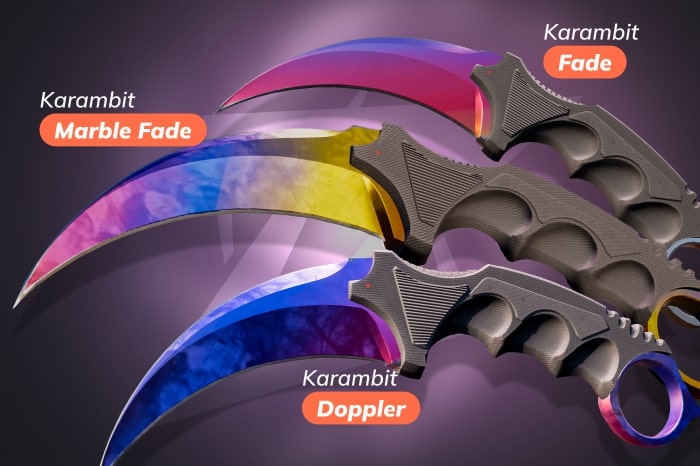 CS2 (CS:GO) Karambit knife types with Fade, Doppler, and Marble Fade skins