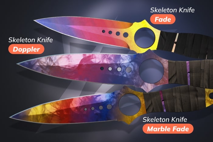 CS2 (CS:GO) Skeleton Knife types with Fade, Doppler, and Marble Fade skins – example of all CS2 knives types