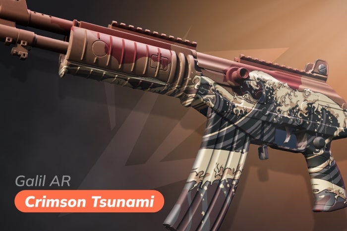 Anime themed Galil AR skin CS2 (CS:GO) Crimson Tsunami with Japanese wave design, anime gun skins CS2