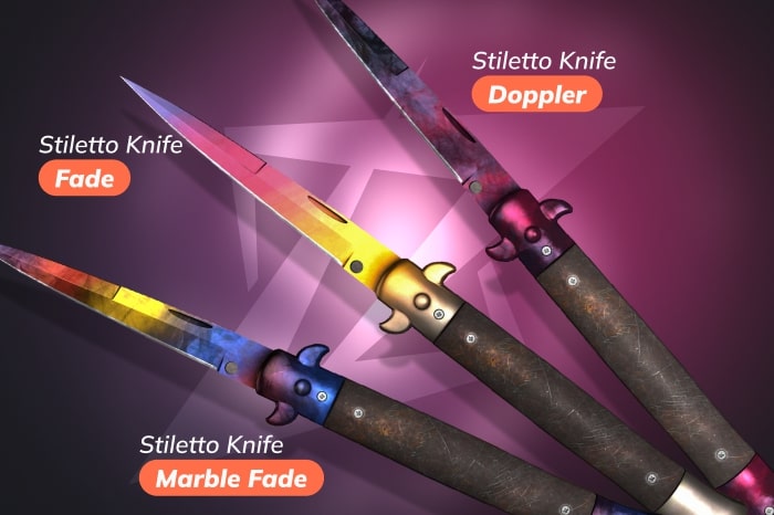 CS2 (CS:GO) Stiletto Knife types with Fade, Doppler, and Marble Fade skins – example of all CS2 knives and Counter-Strike knife types
