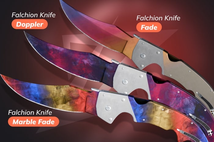CS2 (CS:GO) knives image displaying Falchion Knife with Doppler, Fade, and Marble Fade