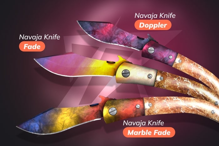 Navaja Knife shown as part of all CS2 (CS:GO) knife types, featuring Fade, Doppler, and Marble Fade blade skins