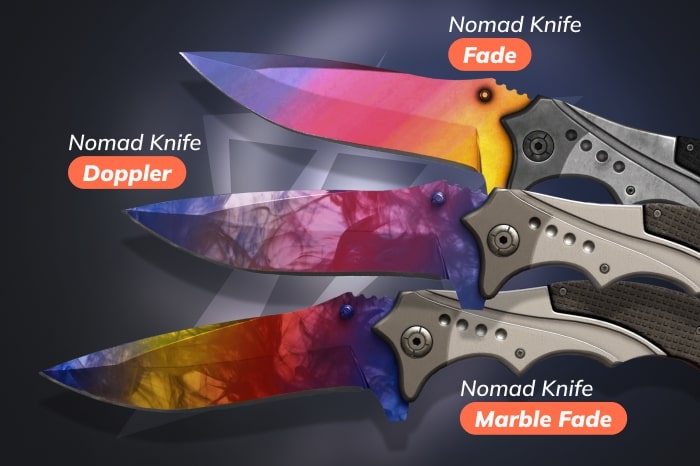 Nomad Knife among all CS2 (CS:GO) knives, showcasing Fade, Doppler, and Marble Fade skin types