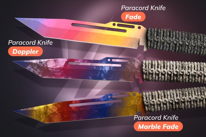Paracord Knife shown as part of all CS2 (CS:GO) knife types, featuring Fade, Doppler, and Marble Fade blade skins