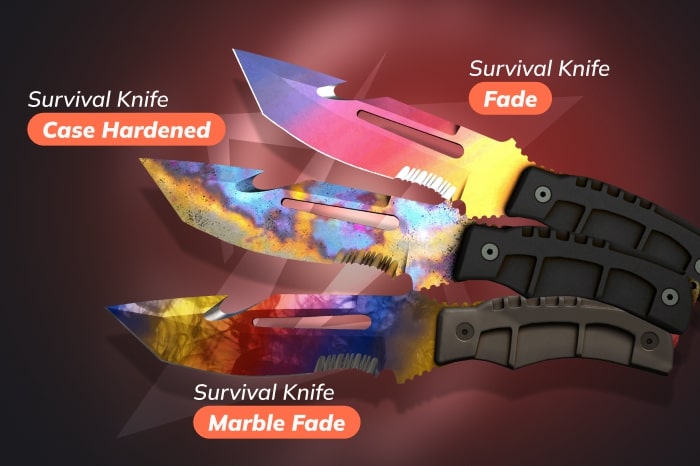 CS2 (CS:GO) Survival Knife types with Fade, Case Hardened, and Marble Fade skins – example of all CS2 knives