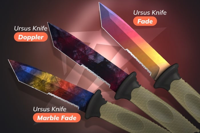 Ursus Knife among all CS2 (CS:GO) knives, showcasing Fade, Doppler, and Marble Fade skin types