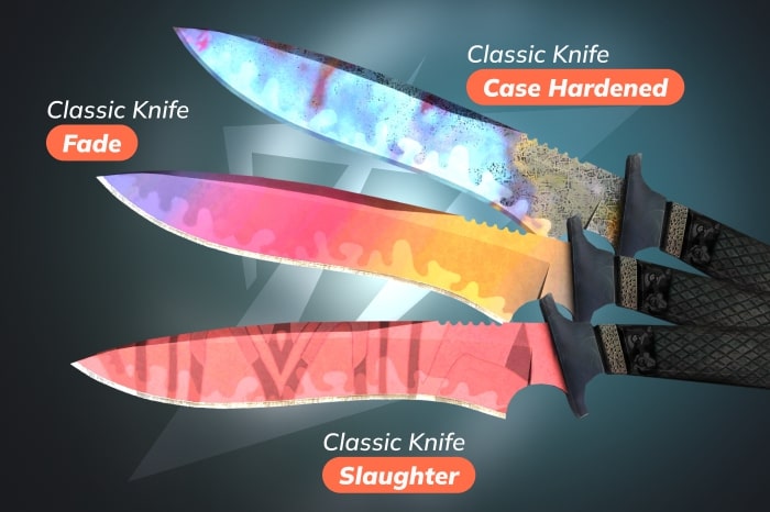 CS2 (CS:GO) knives image displaying Classic Knife with Fade, Case Hardened, and Slaughter