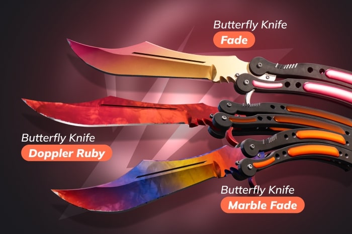 CS2 (CS:GO) Butterfly Knife types featuring Fade, Doppler Ruby, and Marble Fade skins – all CS2 (CS:GO) knife types