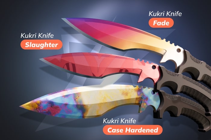 CS2 (CS:GO) Kukri Knife types with Fade, Slaughter, and Case Hardened skins – example of all CS2 knives and Counter-Strike knife types
