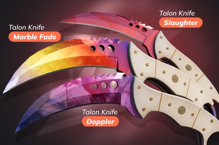 CS2 (CS:GO) Talon Knife types showcasing Marble Fade, Doppler, and Slaughter knife skins – example of all CS2 (CS:GO) knife types and popular Counter-Strike knives