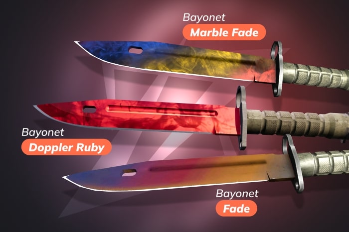 CS2 (CS:GO) Bayonet knife types featuring Marble Fade, Doppler Ruby, and Fade skins – example of all CS2 knives and Counter-Strike knife skin types