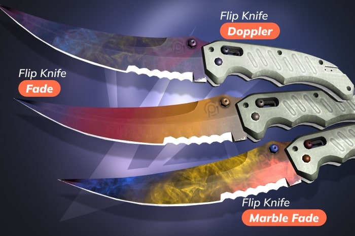 CS2 (CS:GO) Flip Knife skins displayed in Fade, Doppler, and Marble Fade – part of all Counter-Strike knife types