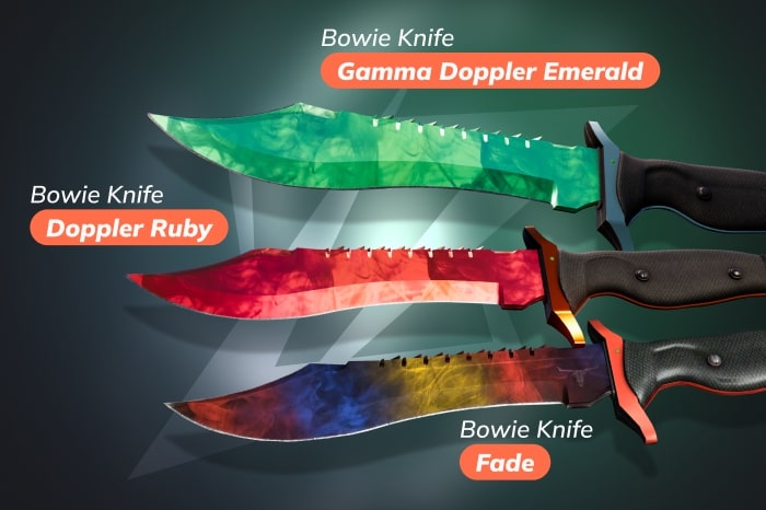 CS2 (CS:GO) Bowie Knife skin variations including Gamma Doppler Emerald, Doppler Ruby, and Fade among all CS2 knife types