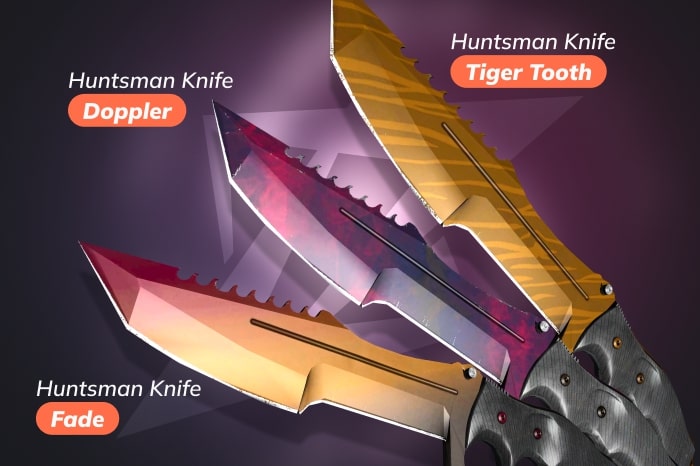 Huntsman Knife in CS2 (CS:GO) shown with Doppler, Fade, and Tiger Tooth skins – Counter-Strike knife types