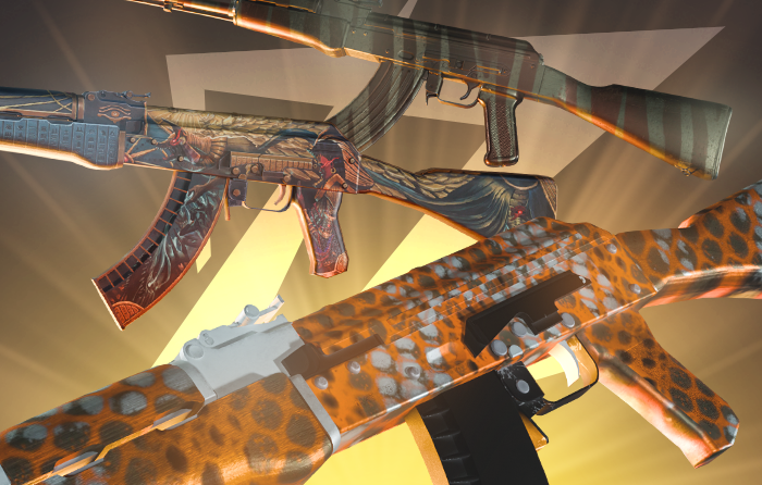 Orange AK-47 skins in CS2 featuring safari patterns, tiger-stripe designs, and detailed illustrated artwork, showcasing some of the most vibrant AK skins in the game.