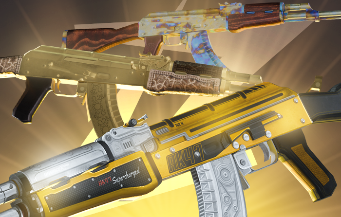 Various yellow AK skins in CS2 presenting gold-metallic tones, ornate patterns, and industrial cyber-style elements across different AK-47 designs.