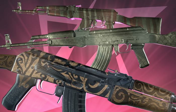 A lineup of the best AK-47 skins under $5 in CS2, combining earthy swirl motifs, vintage camo patterns, and basic budget-friendly AK designs.