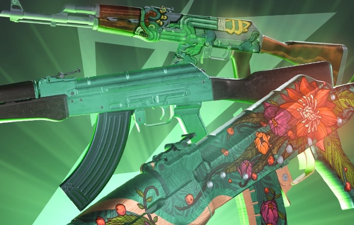 Green AK-47 skins in CS2, featuring some of the best AK skins in CS2 with vibrant, detailed designs for players exploring all AK skins and the coolest AK 47 skins