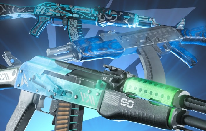 Blue CS2 AK-47 skins with bright, stylish patterns, representing some of the coolest and best AK skins available.