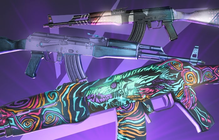 Purple AK-47 skins in CS2 featuring neon patterns, abstract artwork, and rare finishes, showcasing some of the best AK skins in CS2.