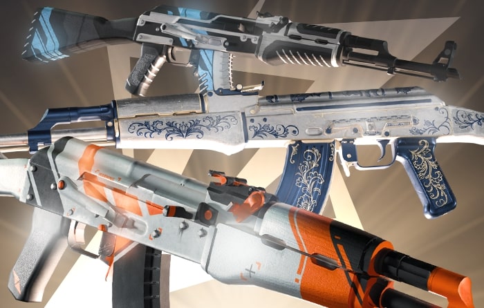 Selection of white AK-47 skins in CS2 featuring icy metal finishes, ornate blue engravings, and futuristic orange detailing — a showcase of top AK skins for collectors.