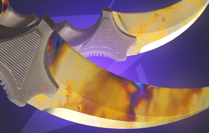 Gold Gem Karambit (#896, #939) CS2 skin showcasing a yellow-gold gem pattern on a curved blade