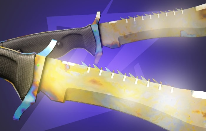 Gold Gem Huntsman Knife CS2 skin with a large, recognizable blade design, featuring partial gold gem coverage from patterns #759 and #41