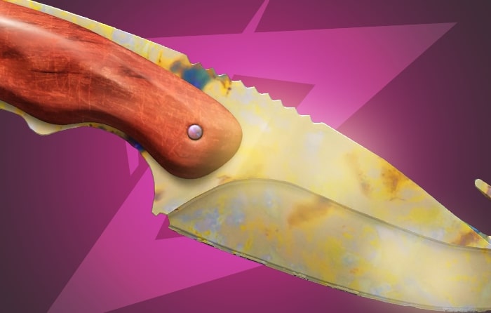 CS2 Gold Gem Gut Knife featuring the only available gold gem pattern (#837), combining gray and gold blade sections, subtle red accents, and one of the lowest entry prices among CS2 knives