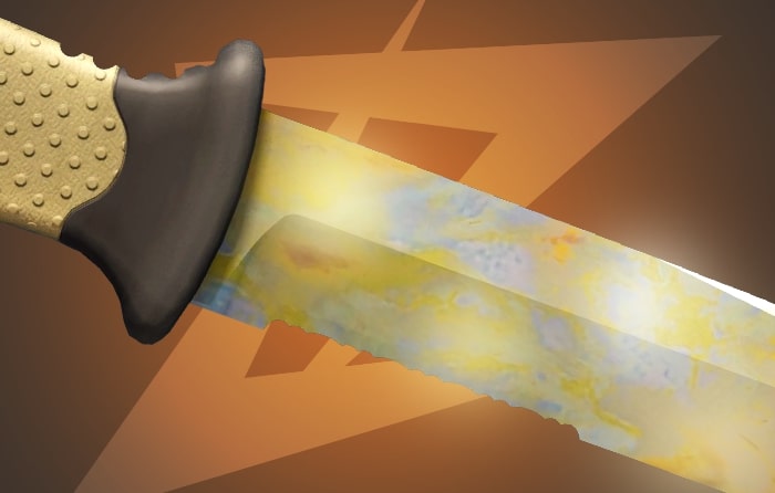 CS2 Gold Gem Ursus Knife featuring the only available gold gem pattern (#425), combining an angular blade profile, plastic handle, and budget-friendly accessibility